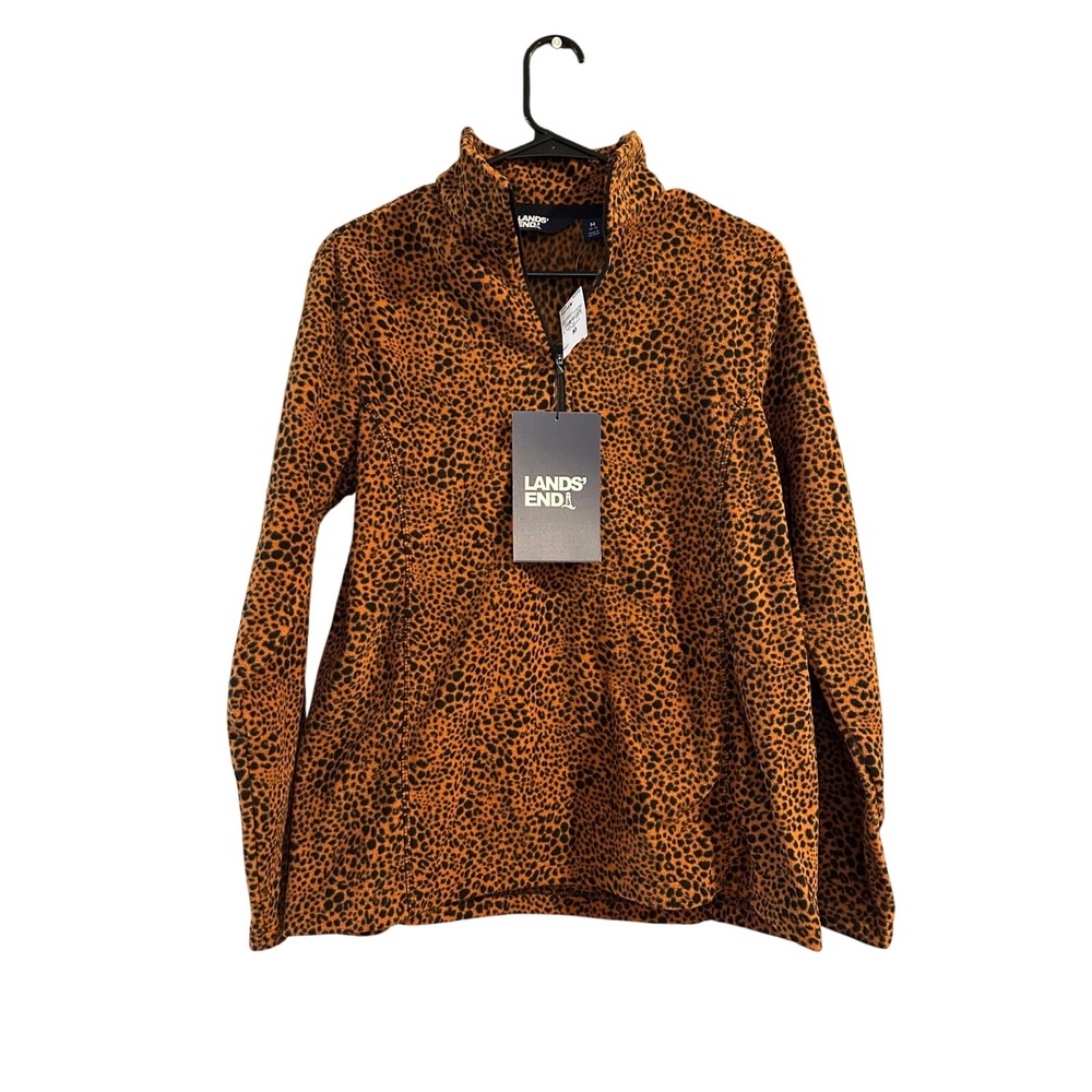 Lands' End Womens Leopard Print Fleece Quarter Zip‎ Pullover brown Black M